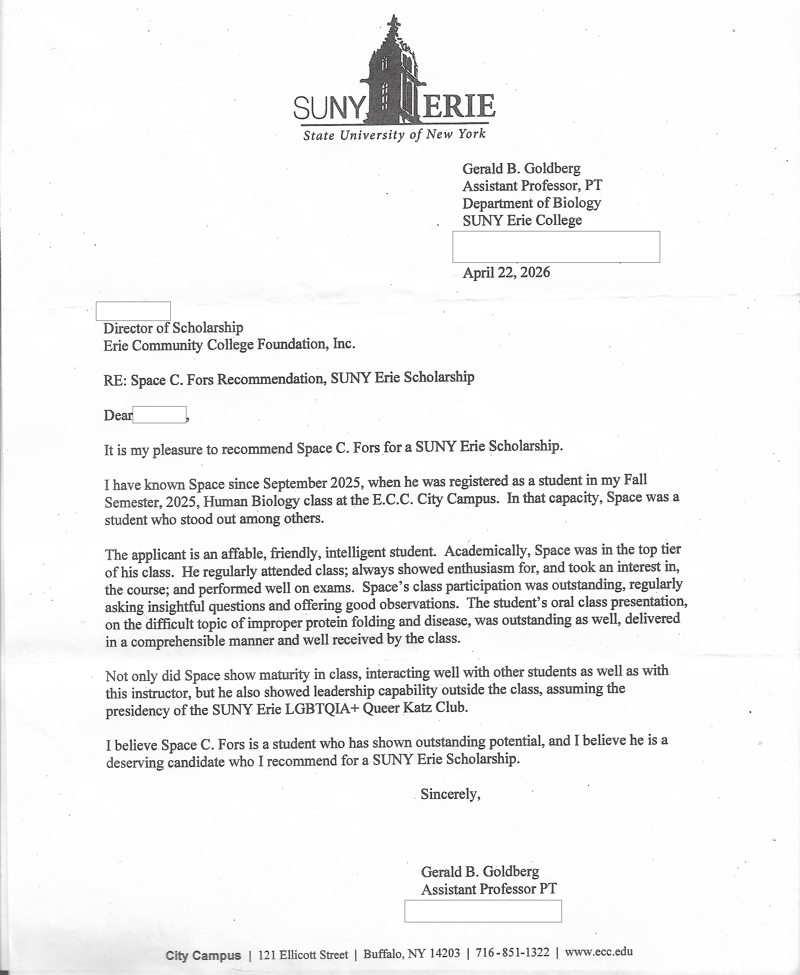 Scholarship LOR from Gerald Goldberg @ ECC